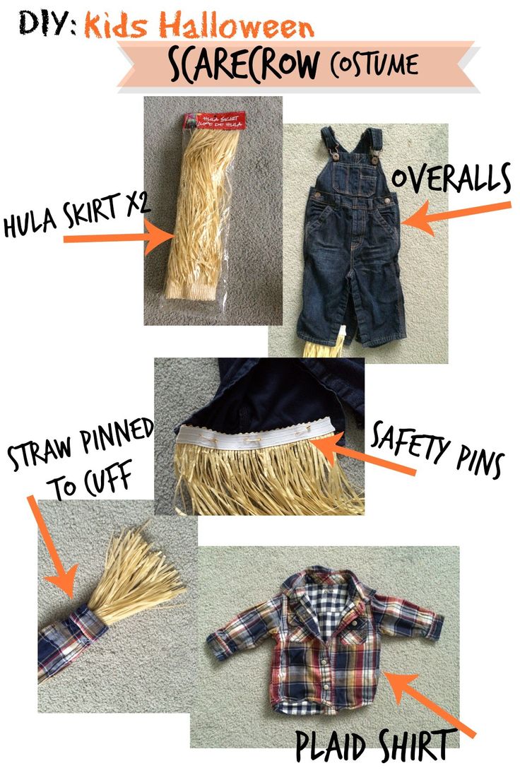 the instructions for how to make a diy kids halloween scarecrow costume with straw fringes