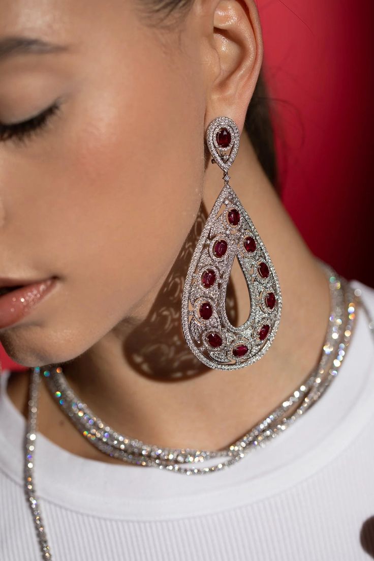 18kt White Gold Ruby and Diamond Drop Earring: 22.91cts of rubies 15.03cts of diamonds Length: 4.5" White Gold Diamond Earrings, What To Wear To A Wedding, Valentines Jewelry, Diamond Drops, Ruby Diamond, Drop Earring, Diamond Drop Earrings, Teardrop Earrings, White Gold Diamonds