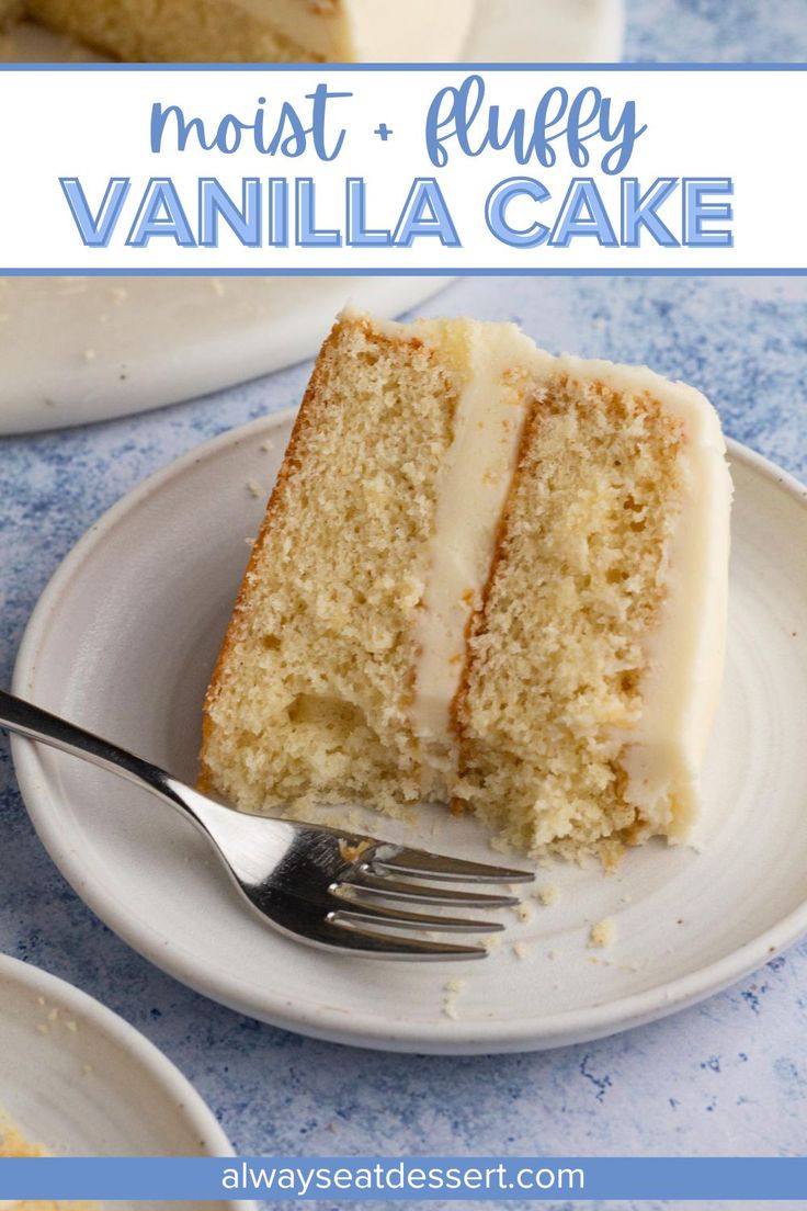 a slice of vanilla cake on a plate with a fork