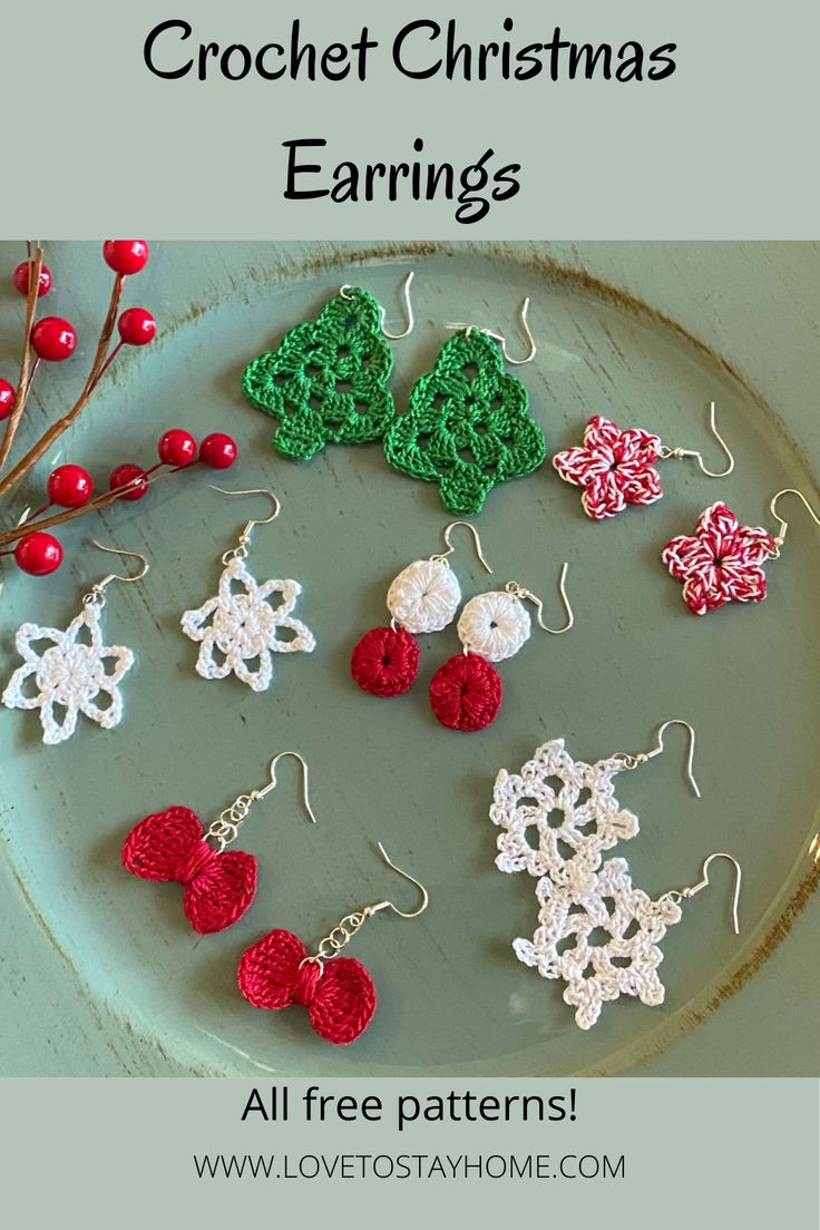 crochet christmas earrings are displayed on a plate