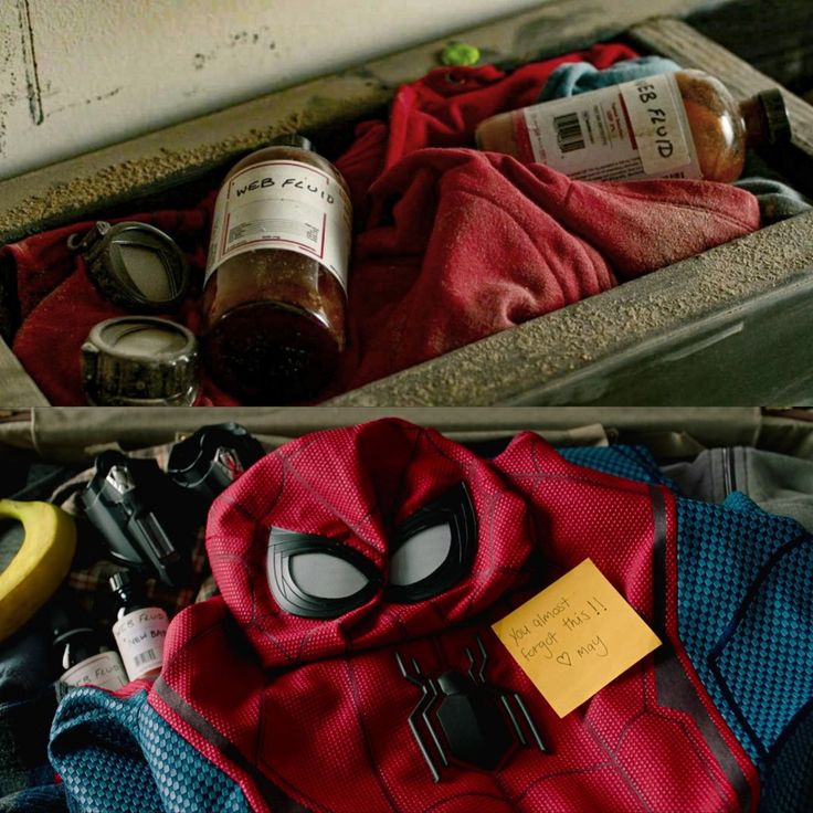 the contents of a spider - man backpack are shown in two separate images, one with an open mouth