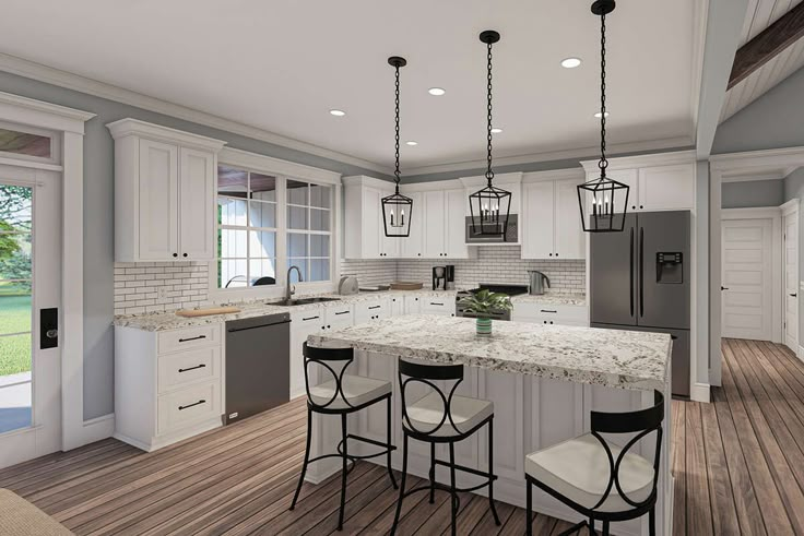 a large kitchen with white cabinets and marble counter tops, along with bar stools that match the hardwood flooring