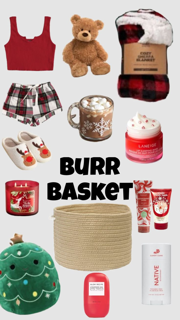 there are many items that can be found in the basket for this holiday gift set