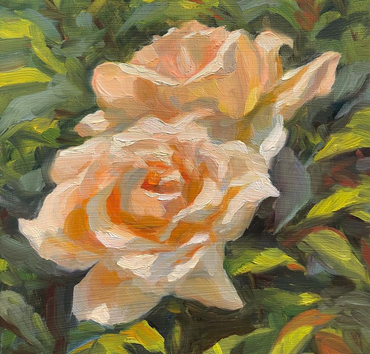 an oil painting of a white rose with green leaves in the foreground and yellow flowers in the background