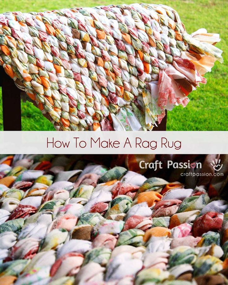 a rag rug on top of a wooden bench in the grass with text overlay that reads how to make a rag rug