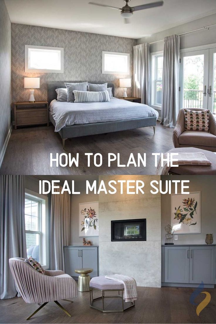 a bedroom with gray walls and white bedding is shown in three different pictures, including the master suite