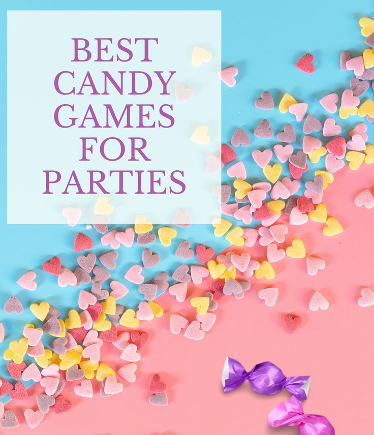 the words best candy games for parties surrounded by hearts