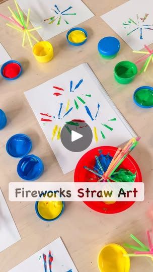 children's artwork with straws and paint on the table, surrounded by paper plates