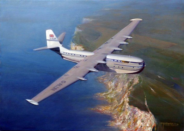 an airplane is flying over the water near land and mountains in this painting by itself