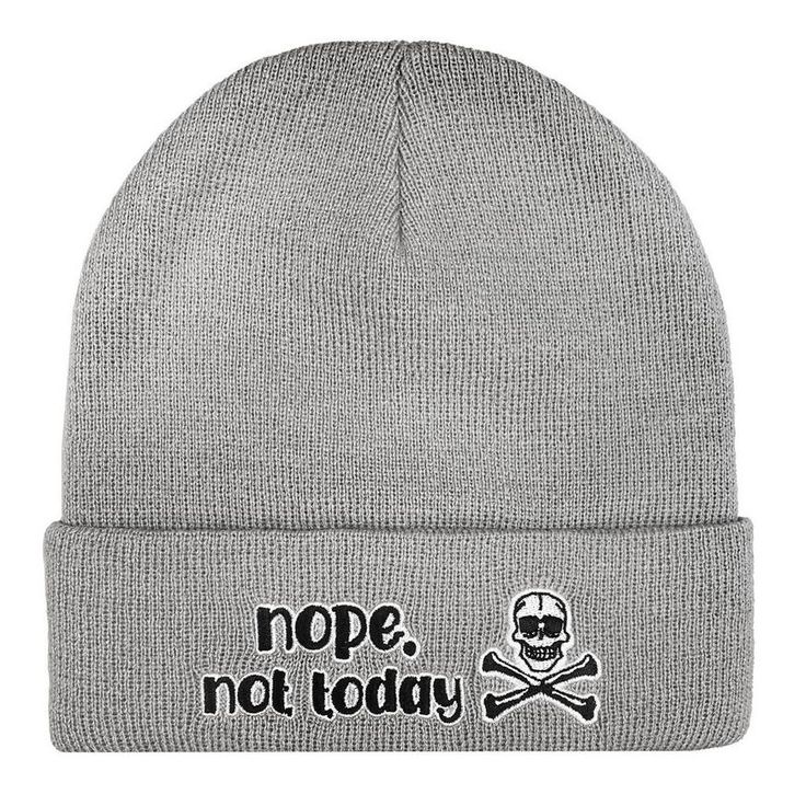 Embrace a cozy yet rebellious style with the Nope Not Today Beanie. This trendy gray beanie features a striking skull and crossbones design perfect for adding a touch of attitude to any outfit. Made from soft durable acrylic it ensures warmth and comfort all day long. pbGray Nope Not Today Knit Beanie product details:-b-p ul li100% acrylic exclusive of decoration-li liOne size fits most-li liSpot clean only-li -ul Gray Trendy One-size Beanie, Trendy Gray One-size Beanie, Gray Beanie, Nope Not Today, Grey Beanie, A Skull, Not Today, Skull And Crossbones, Skull Design