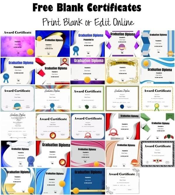 a bunch of blank certificates with different colors and designs on them, all in one place