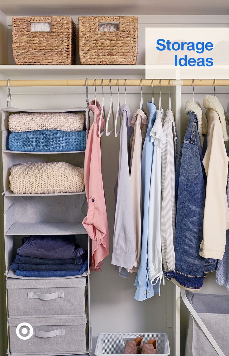 an organized closet with clothes and baskets on the shelves, labeled storage ideas above it