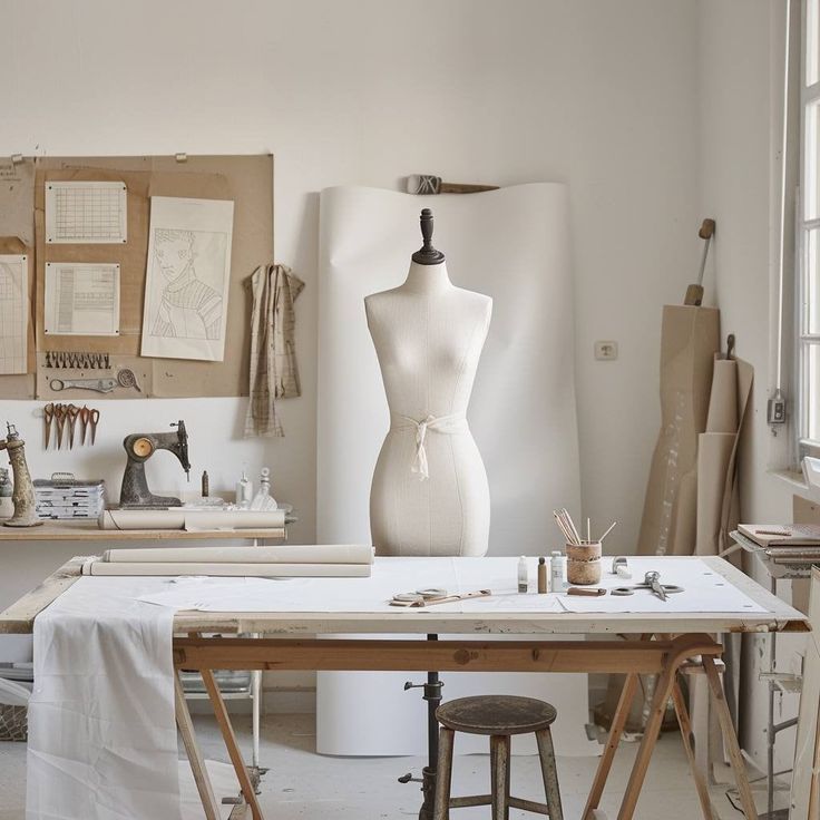 an art studio with mannequins and various crafting materials on the table