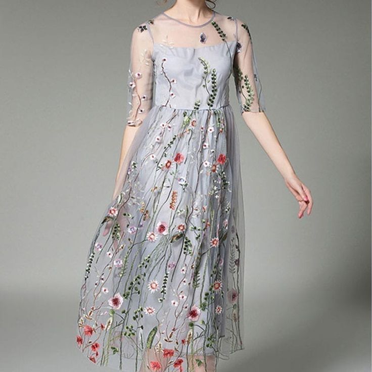 Sukienki Maksi, Flowers Transparent, Tulle Midi Dress, White Prom Dress, Style Maxi Dress, Embroidery Dress, Types Of Dresses, Floral Midi Dress, Embroidery Flowers