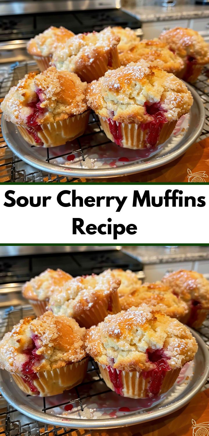 two pictures of muffins on a plate with the words sour cherry muffins recipe