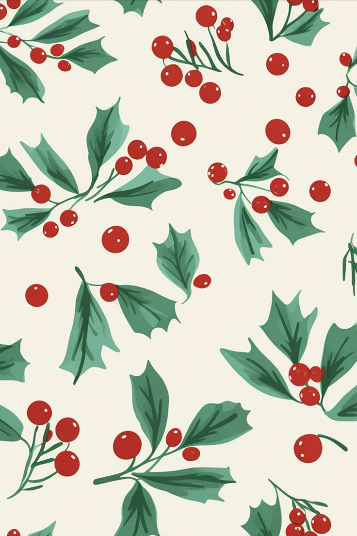 an image of holly and berries pattern on a white background with red berries, leaves and green stems