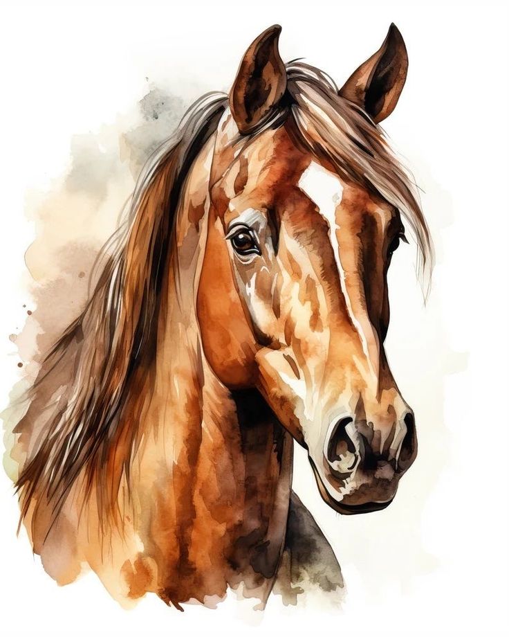 a painting of a brown horse with long hair