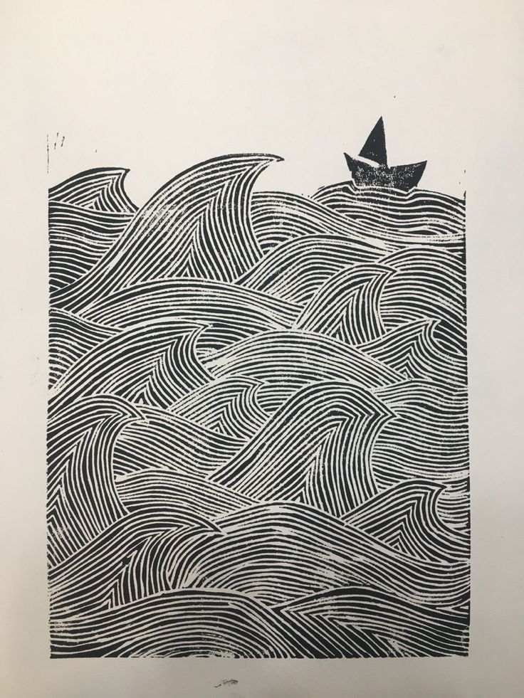 a black and white drawing of a boat in the ocean with wavy lines on it