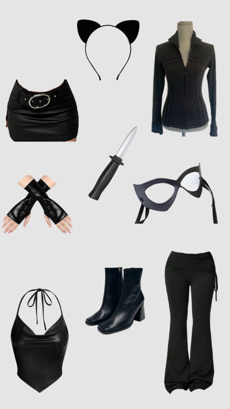 an assortment of black clothing and accessories including cats ears, cat ears headbands, boots