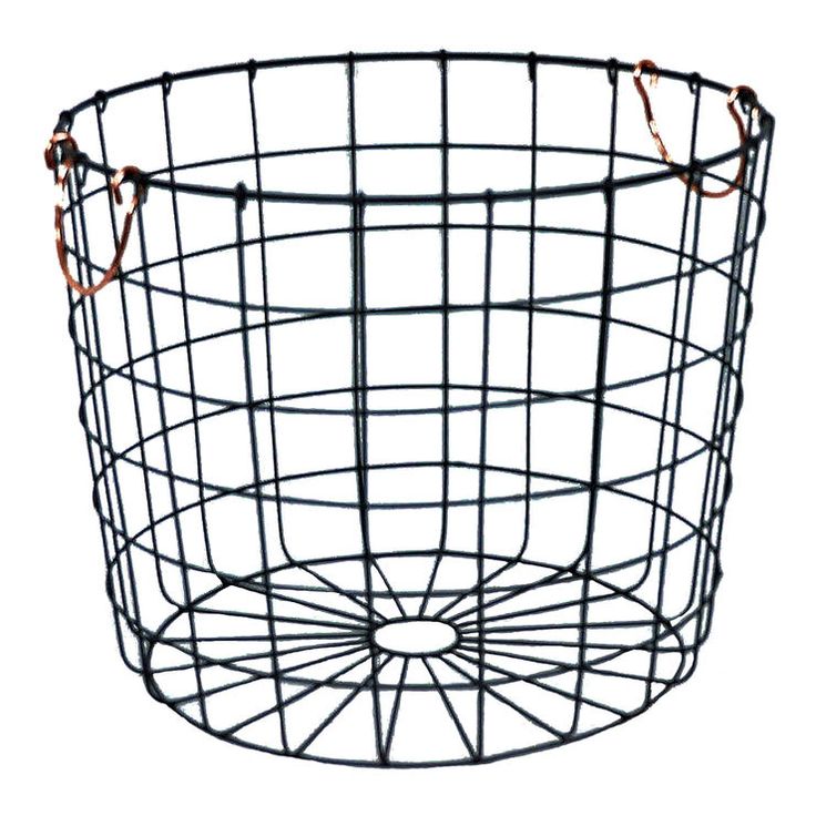 a black wire basket with copper handles on a white background and an orange cord hanging from the bottom