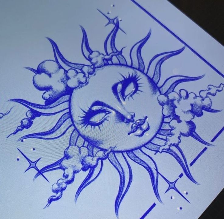 a drawing of a sun with clouds and stars on it's face in blue ink