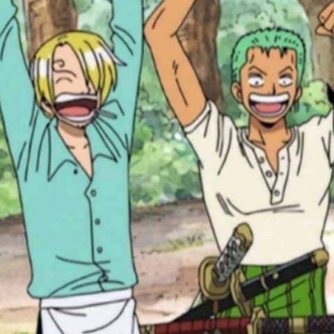 two anime characters standing next to each other in front of trees with their hands up