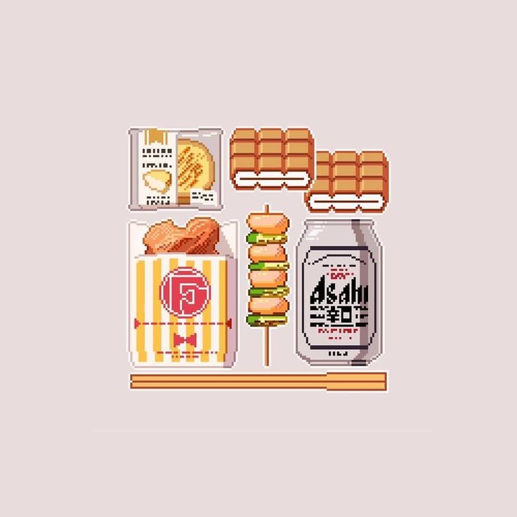 an image of food items displayed on a shelf in pixel art style, including hamburgers, fries and ketchup