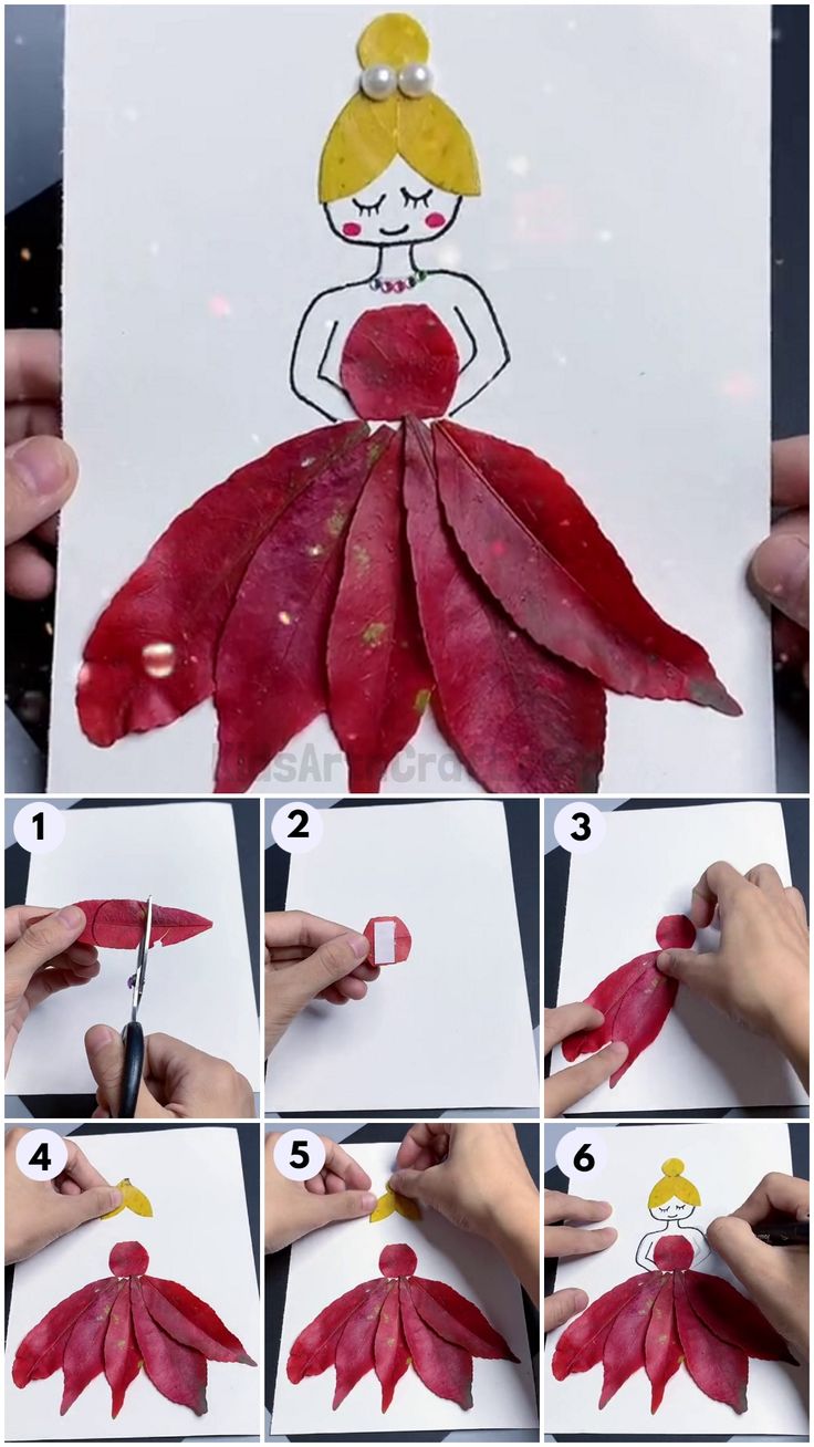 step by step instructions on how to make a paper dress with leaves and glues