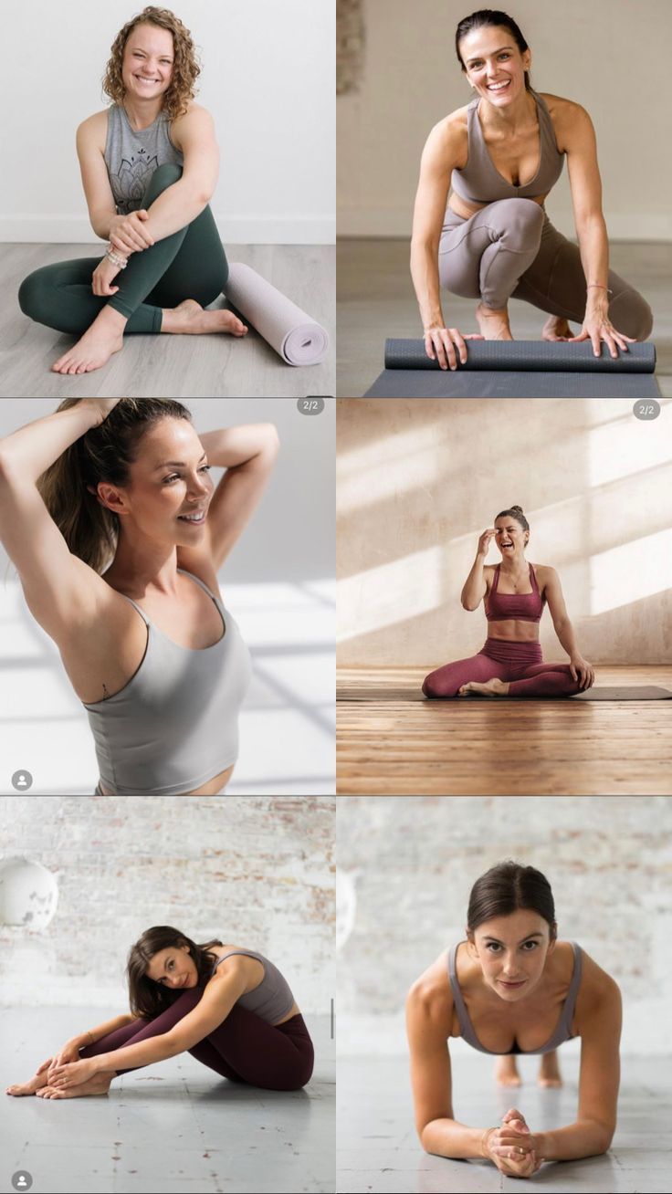 a woman doing yoga poses with her hands behind her head