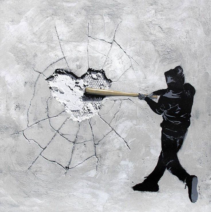 a man hitting a baseball with a bat on a cracked concrete wall in the shape of a heart