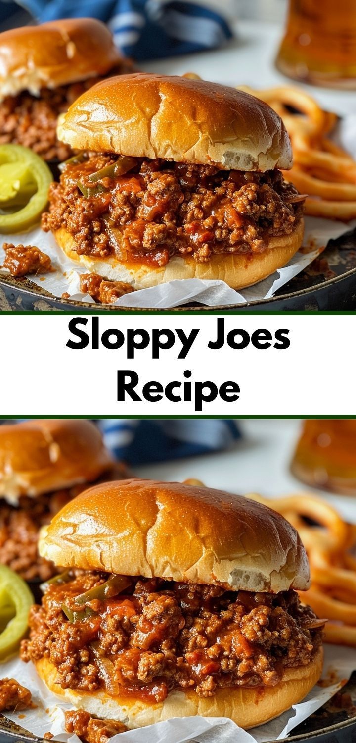 sloppy joes recipe with pickles on the side and two pictures showing how to make sloppy joes