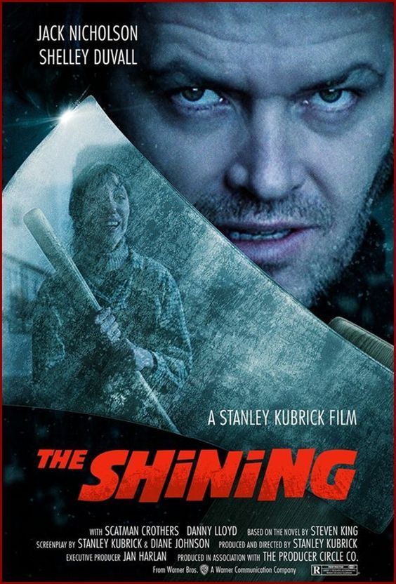 a movie poster for the shining with a man holding a large knife in his hand