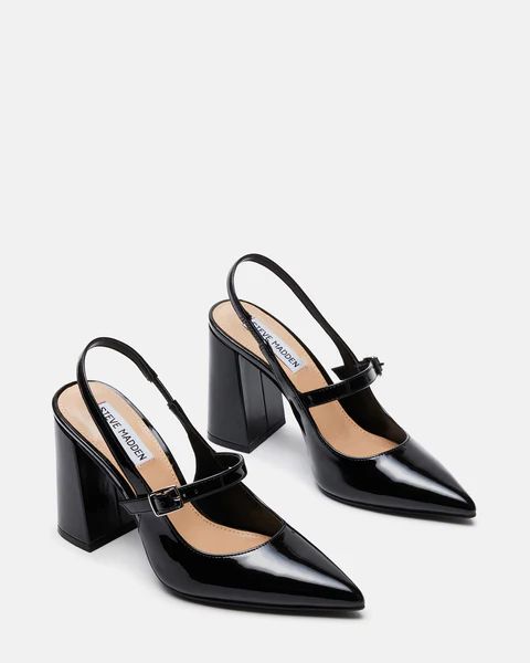 MAEGAN Black Patent Slingback Heel | Women's Heels �– Steve Madden Block Heel Slingback, Dr Shoes, Prom 2024, Western Chic, Fancy Shoes, Shoe Inspo, Aesthetic Shoes, Soft Grunge, Crazy Shoes