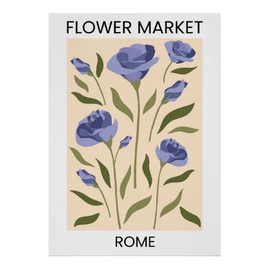 a poster with blue flowers and the words flower market rome on it's side