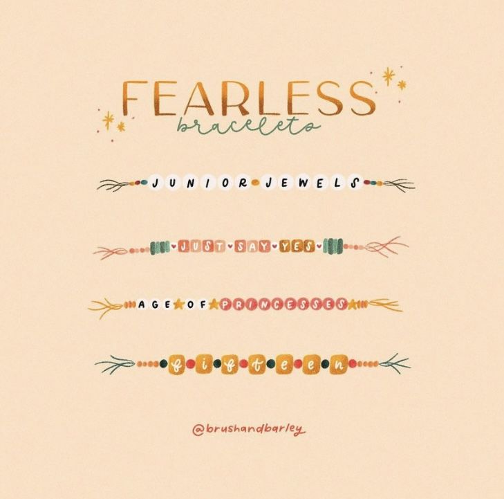 the words fearless are written in gold and green on a beige background with an arrow