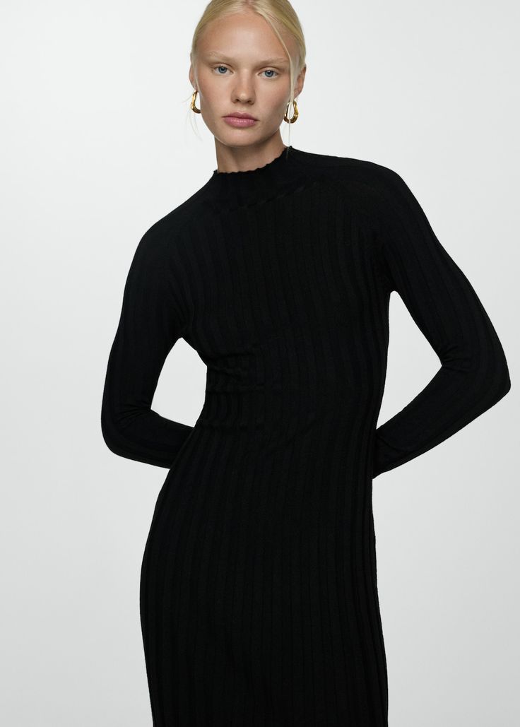 Perkins-neck ribbed dress - Woman | MANGO USA Mango Shirt Dress, Mango Navy Dress, Mango Knit Dress, Black Ribbed Mini Length Sweater Dress, Rib Knit Dress Pregnant, Tailored Design, Ribbed Dresses, High Collar, Rib Knit