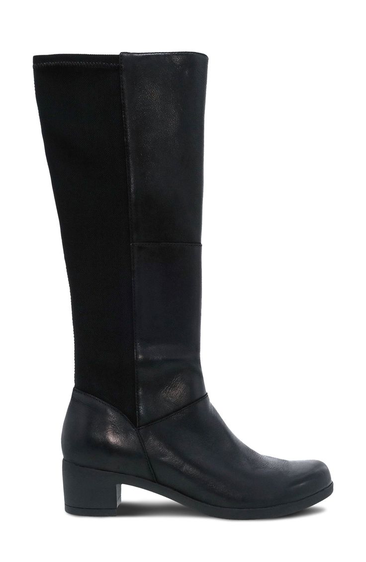 Rugged leather and contour-defining stretch fabric create an ideal fit and sleek silhouette in this knee-high boot set on an all-day-comfortable rubber sole. 1 3/4" heel, 14 1/2" shaft, 15" circumference (size 8.5) Leather and textile upper and lining/rubber sole Imported Fitted Synthetic Knee-high Boots For Workwear, Fitted Leather Mid-calf Boots For Business, Wide Calf Synthetic Boots For Work, Formal Synthetic Knee-high Boots, Leather Knee-high Boots For Work, Leather Knee-high Boots For Business, Modern Leather Knee-high Boots For Work, Classic Knee-high Faux Leather Boots, Leather Knee-high Boots With Reinforced Heel