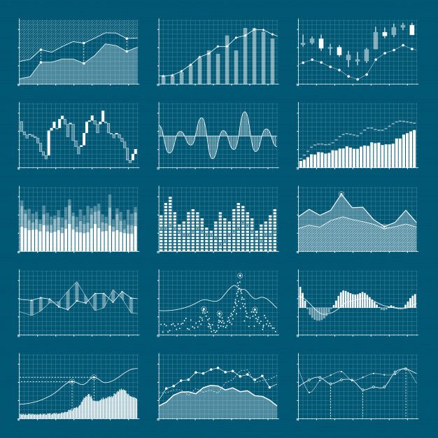 various graphs and bars on a blue background in the style of pixel art, with white lines