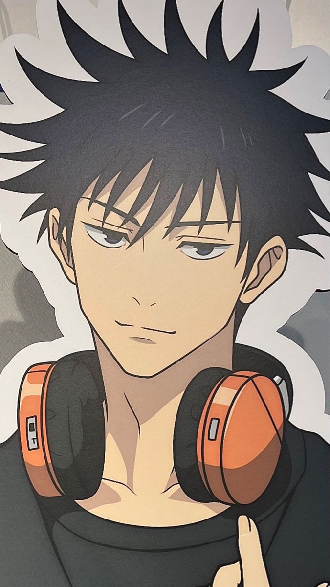 an anime character with black hair and headphones