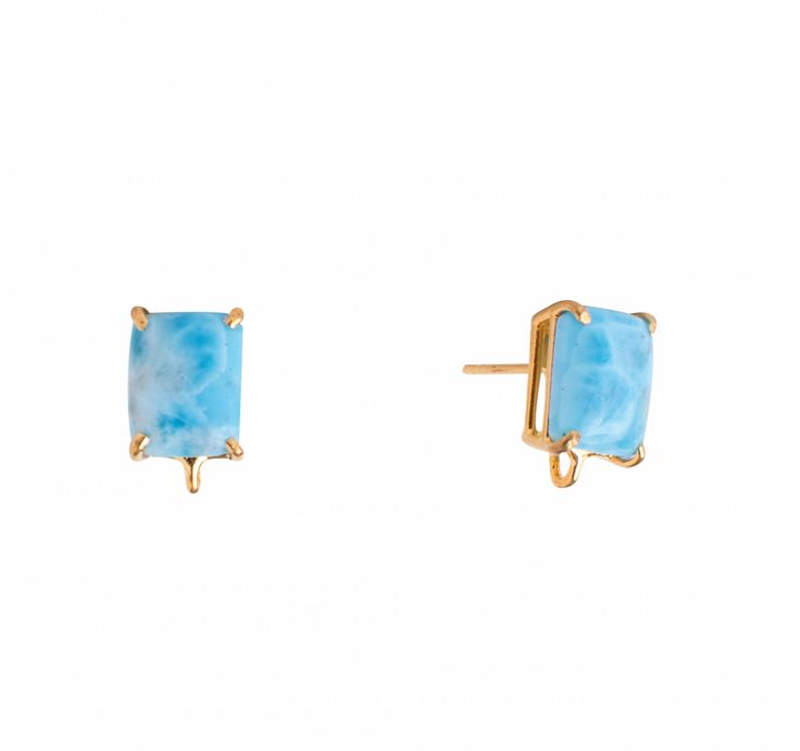 SST-1410E Larimar Semi Precious Stones Measures 5/8'' x 1/2'' Material: 14K gold plated brass Comes with hook for additional drop Made to Oder Butterfly Post Only Hand Made in New York Each piece is truly one-of-a-kind due to the natural state of each stone.