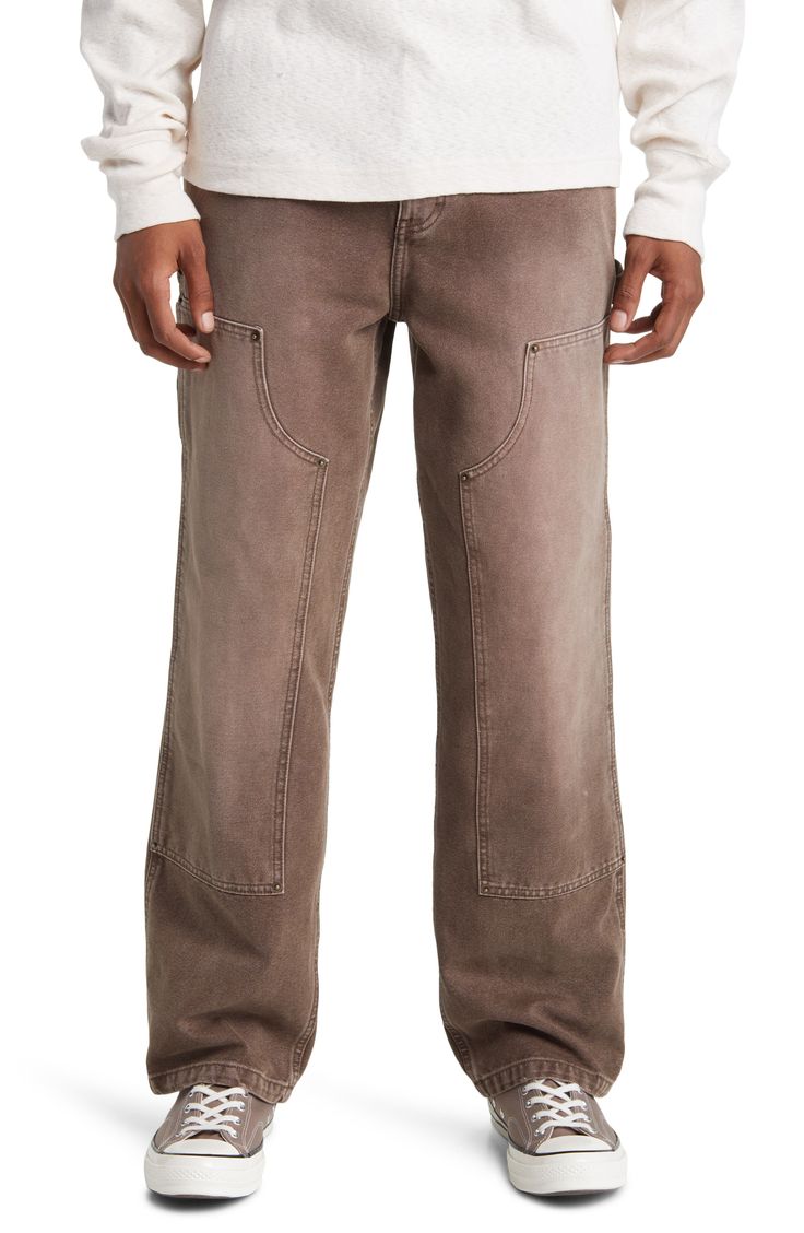 Reinforced knees and extra pockets for tools bring function and authenticity to carpenter pants made of cotton denim in a relaxed, easy-moving fit. 30" inseam; 18" leg opening; 13" front rise; 16" back rise (size 32) 100% cotton Machine wash, tumble dry Imported Rugged Cotton Jeans With Belt Loops, Rugged Relaxed Fit Straight Leg Bottoms, Rugged Washed Straight Leg Bottoms, Rugged Straight Leg Bottoms With Patch Pockets, Medium Wash Rugged Cotton Bottoms, Rugged Medium Wash Cotton Bottoms, Rugged Relaxed Fit Washed Bottoms, Rugged Washed Rigid Denim Bottoms, Rugged Washed Bottoms With Relaxed Fit