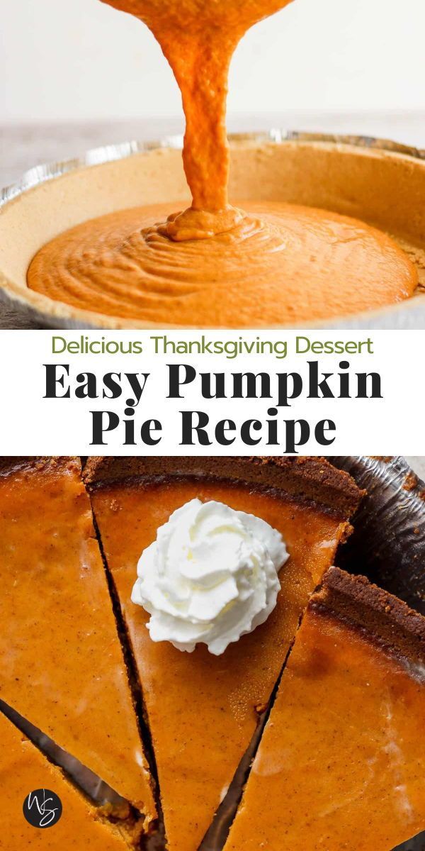 a slice of pumpkin pie with whipped cream being drizzled over it and the title