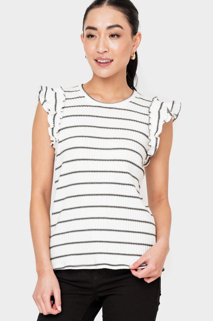 This femme baby rib knit tee features a double-layered flutter sleeve and ruffle trim. 78% Cotton | 16% Polyester | 6% Spandex Delicate Wash Cycle, Dry Flat. Length 24 1/2" (size small) Jing is 5'8 and wearing size XXS in White Black StripeCrystal is 5'9 and wearing size XS in Soft Pink & NavyJorgen is 5'5 and wearing size XXS in Heather Grey Light Pink Shorts, Velvet Tees, Rib Knit Top, Boat Neck Tops, Casual Tops For Women, Jewel Neck, Knit Tees, V Neck Tops, Ruffle Trim