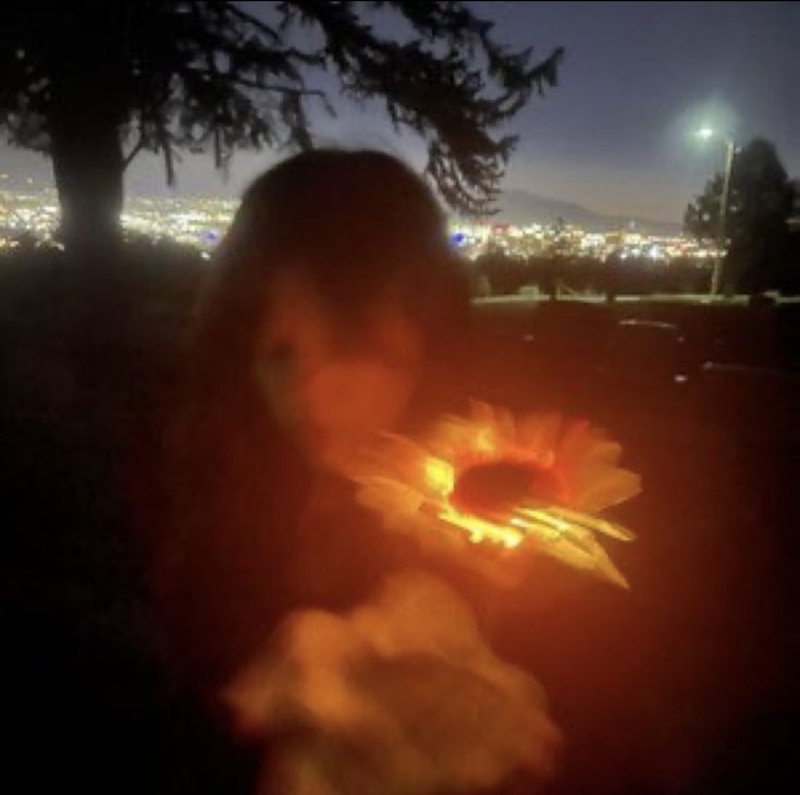 a woman holding a flower in her hand at night with the city lights behind her