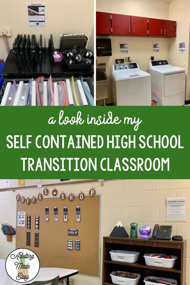 a classroom with lots of different items and text that reads, look inside my self contained high school transition classroom