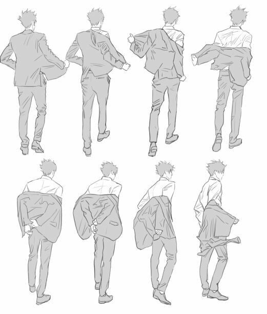 the back view of an anime character's head and shoulders in various poses, from front to back