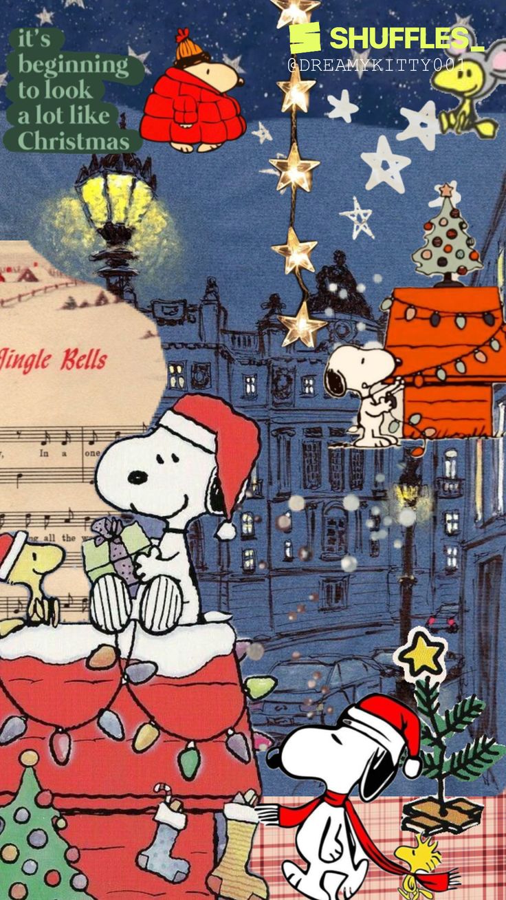 a snoopy christmas card with a dog on top of a tree and buildings in the background