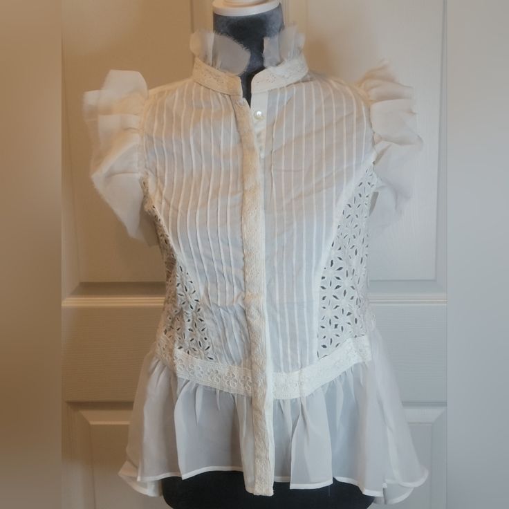 Nwt Pura Vida Meaning Pure Life Or Simple Life, Peplum White Top With Chiffon Trim And Designs On Each Side, Embroidered Button Cover, Lots Of Beautiful Details On This Top, Cotton Material, Any Questions Ask Sheer Fitted Blouse For Daywear, Fitted Sheer Blouse For Daywear, Feminine Peplum Blouse For Work, Feminine Sheer Tops For Daywear, Feminine Summer Blouse With Lace Collar, Feminine Sheer Blouse For Daywear, Sleeveless Ruffled Blouse For Daywear, Fitted Peplum Tops With Lace Trim, Summer Workwear Peplum Blouse