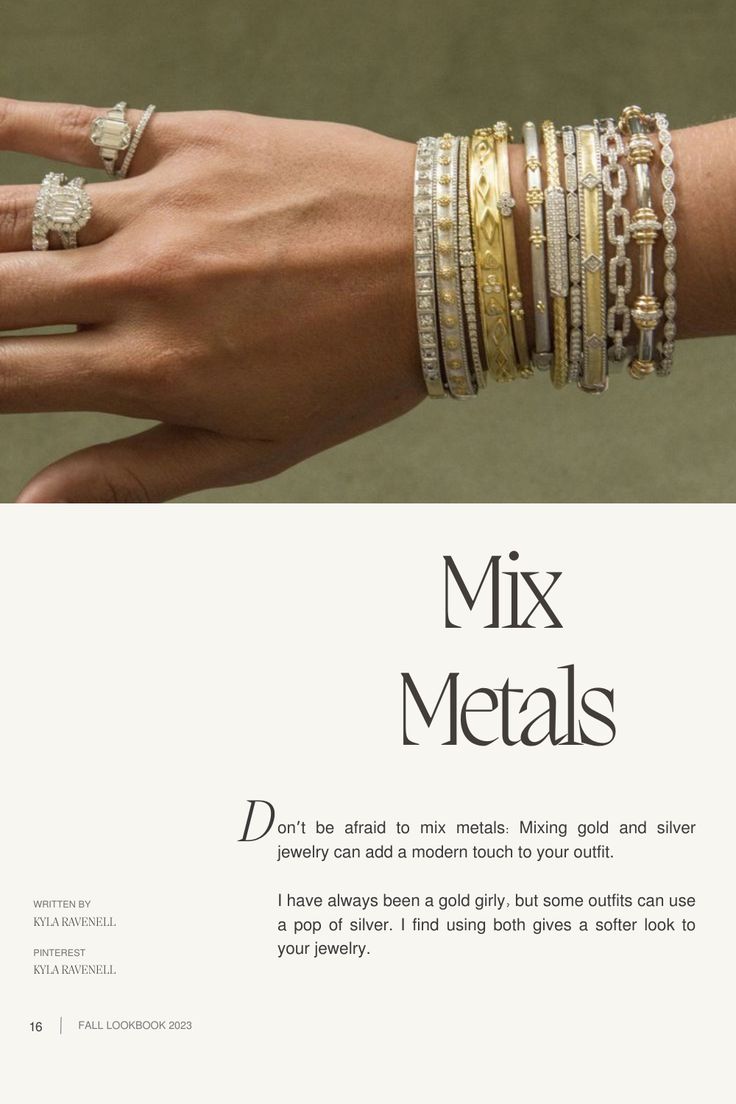 Silver And Gold Jewelry Mixing Outfit, Silver And Gold Jewelry Mixing Aesthetic, Ring Stacking Ideas Mixed Metals, Mixed Jewelry Aesthetic, Mixed Metals Bracelet Stack, Gold And Silver Mixed Jewelry, Mixed Metal Jewelry Rings, Gold And Silver Jewelry Together Mixed Metals, Gold Silver Jewelry Mix Jewellery