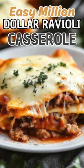 easy million dollar lasagna casserole on a white plate with text overlay